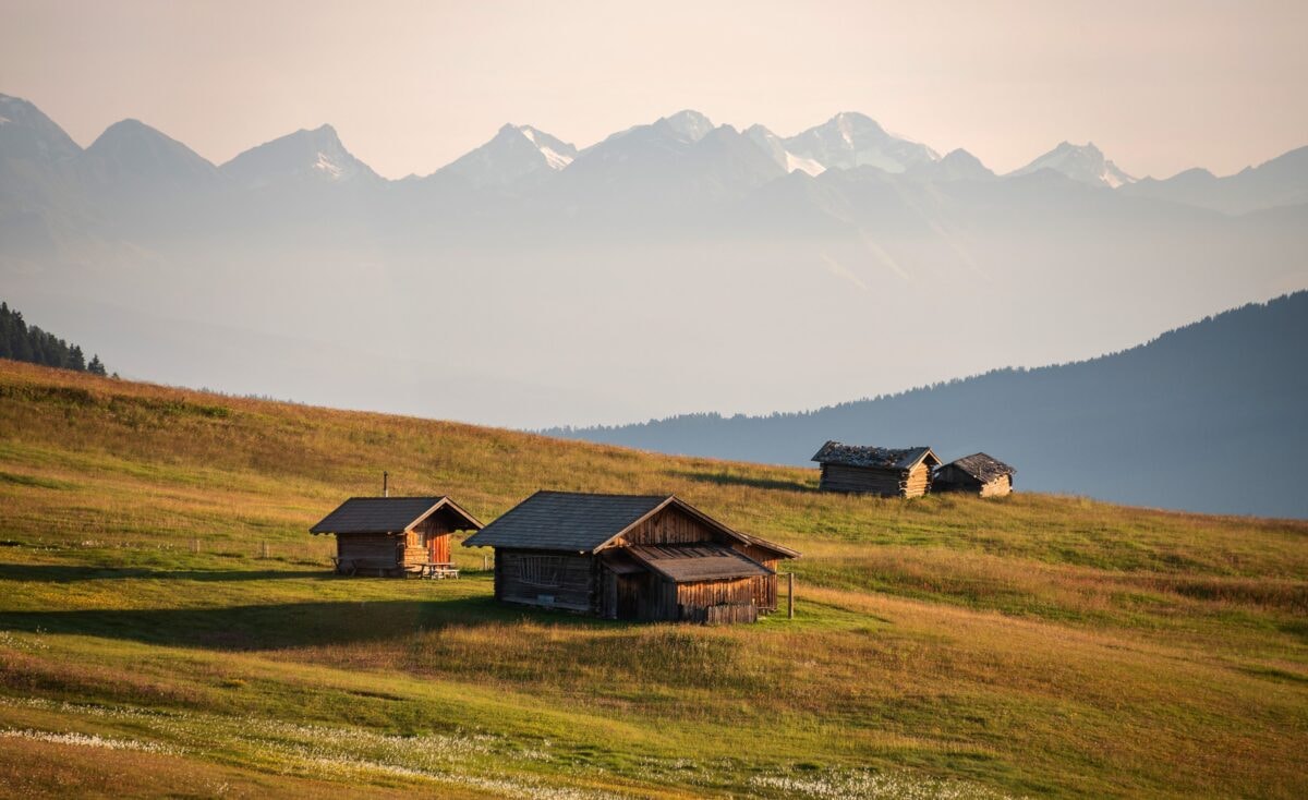 A pair of A-frame log cabins on an alpine meadow