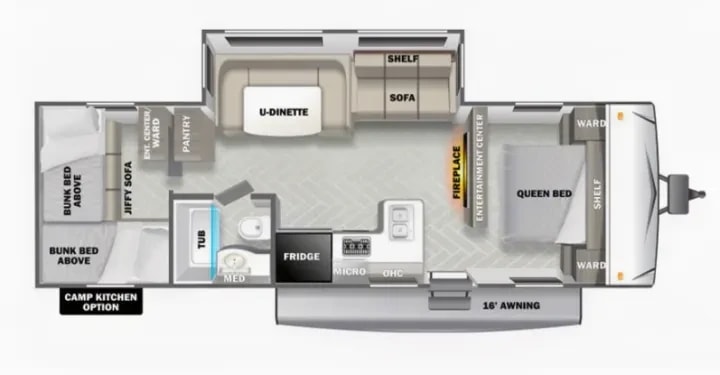 Floorplan diagram of the trailer layout showing bunks, dinette, kitchen, and queen bed