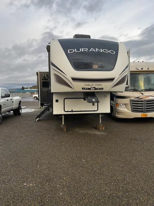 Straight-on front exterior view showing the Durango nose graphics