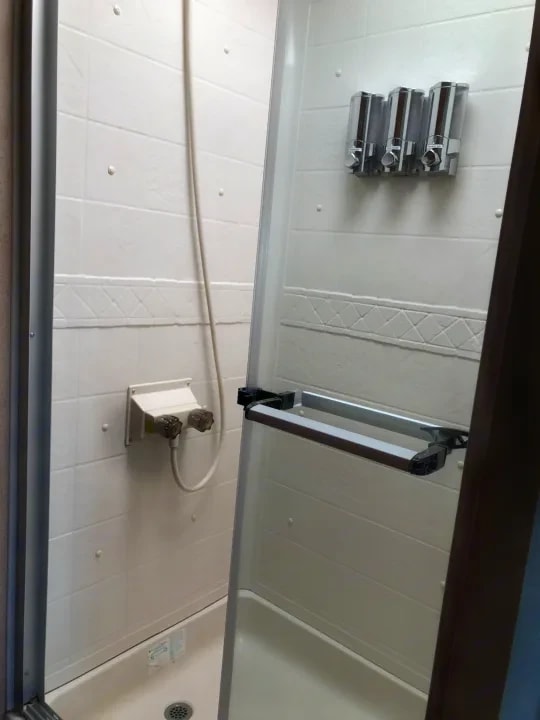 Shower stall with handheld sprayer and built-in soap dispensers