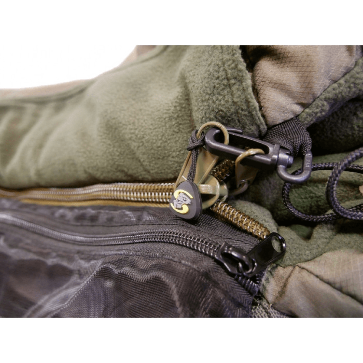 Detail of the overbag's fleece collar, two-way zip and pull cords