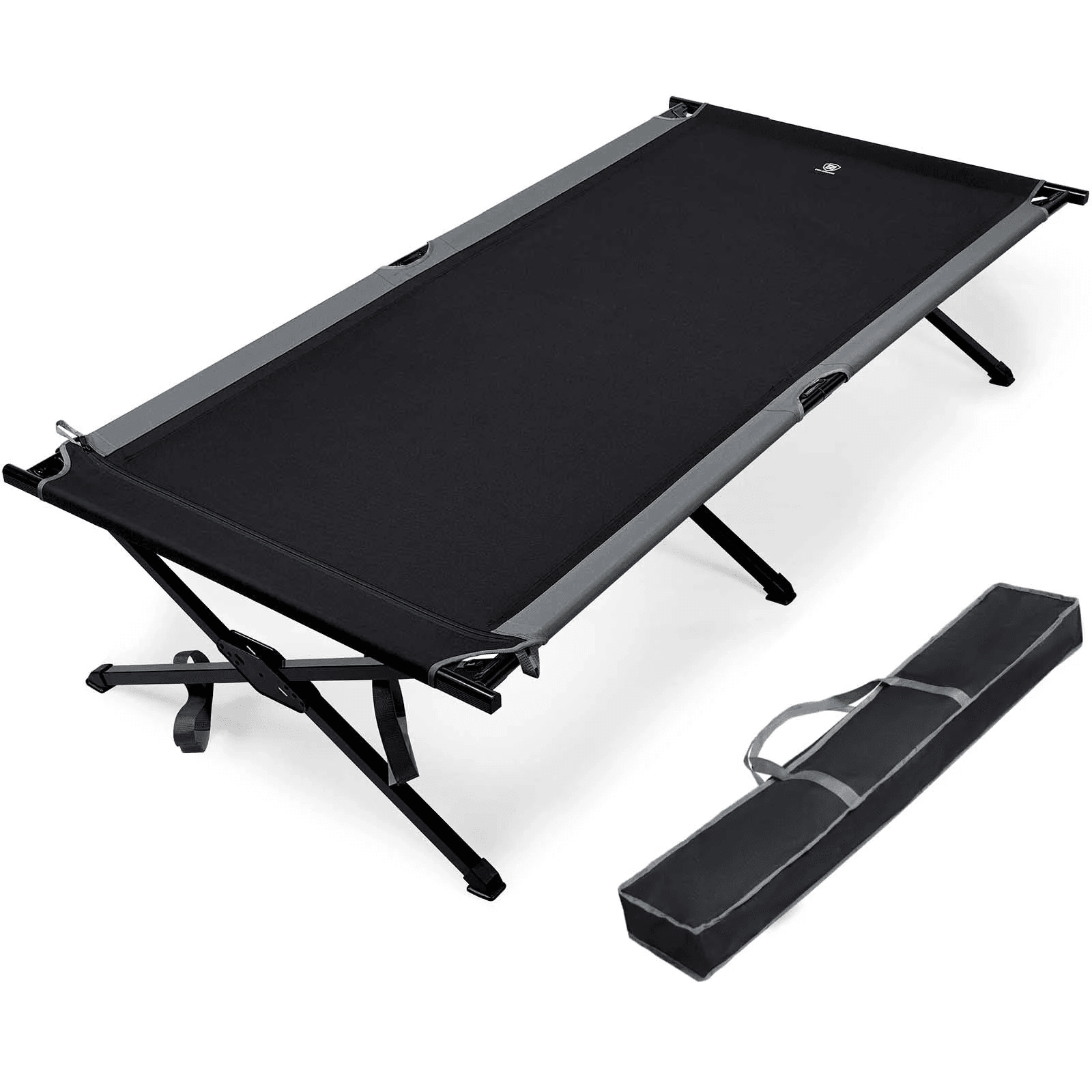 Black folding camp cot beside its grey carry bag